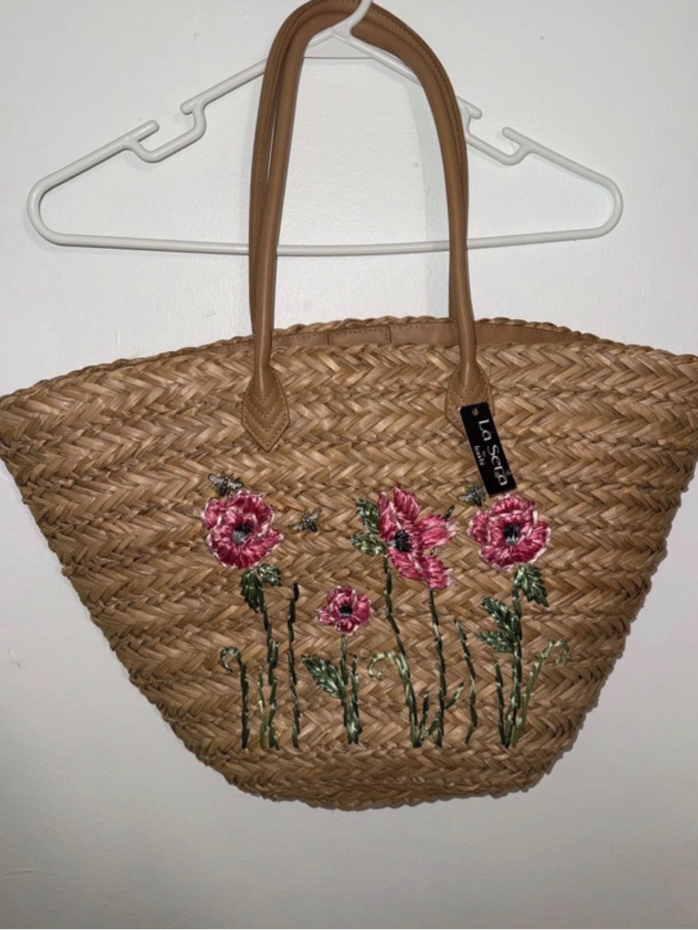 Tan Straw Tote with Pink Floral Embroidery